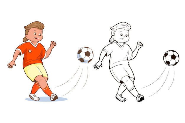 Livre De Coloriage, Joueurs De Football Adolescents Coups De Ballon De Football.vector, Illustration Dans Un Style Cartoon Plat, Bande Dessinée