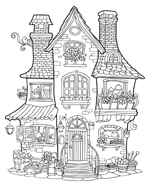 Vecteur un livre de coloriage de maison de conte de fées magique