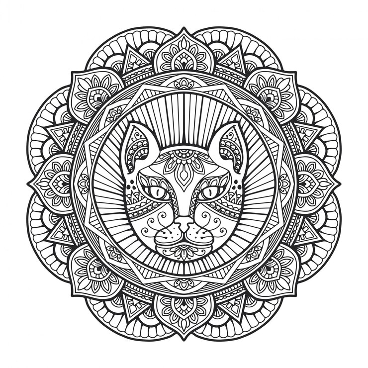 Livre de coloriage mandala tête de chat.