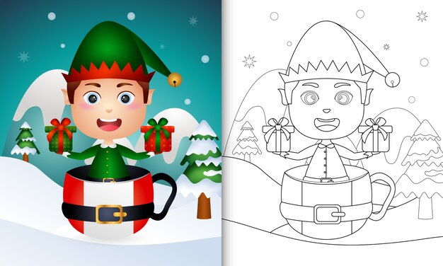 Livre De Coloriage Avec Un Mignon Garçon Elfe Personnages De Noël Dans La Coupe Du Père Noël