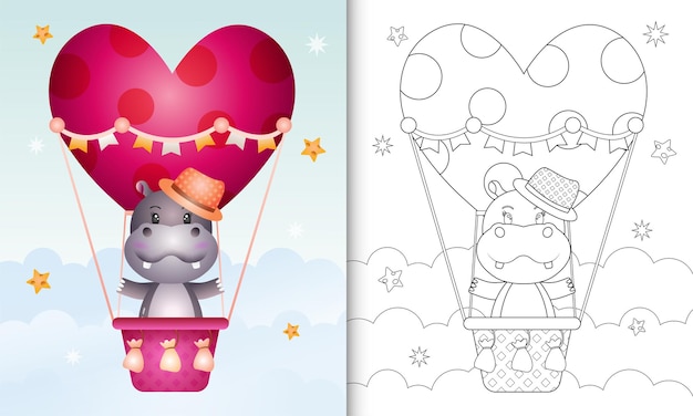 Livre De Coloriage Avec Un Mignon Hippopotame Sur Le Thème De L'amour De Ballon à Air Chaud Saint Valentin