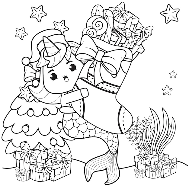 Livre De Coloriage De Noël Avec Une Jolie Sirène Licorne