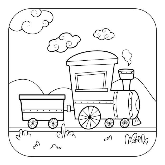 Vecteur livre de coloriage noir et blanc de train ou page de coloriage pour les enfants fond de nature