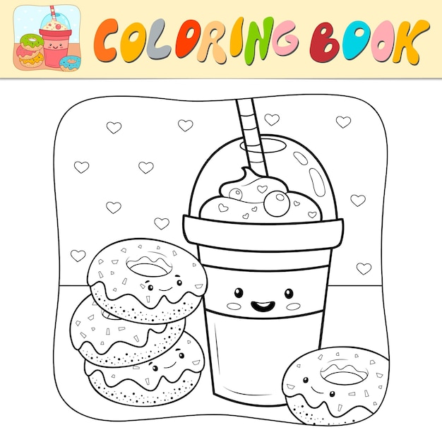 Livre de coloriage ou page de coloriage pour les enfants Beignets et boisson vecteur noir et blanc Nature fond