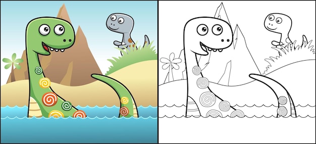 Livre De Coloriage Ou Page De Dessin Animé De Dinosaures Sur Fond De Volcan