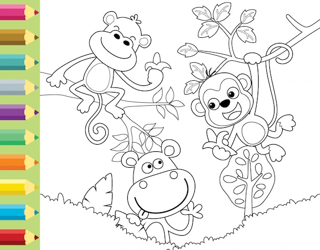 Livre De Coloriage Ou Page Avec Dessin Animé Drôle De Singe