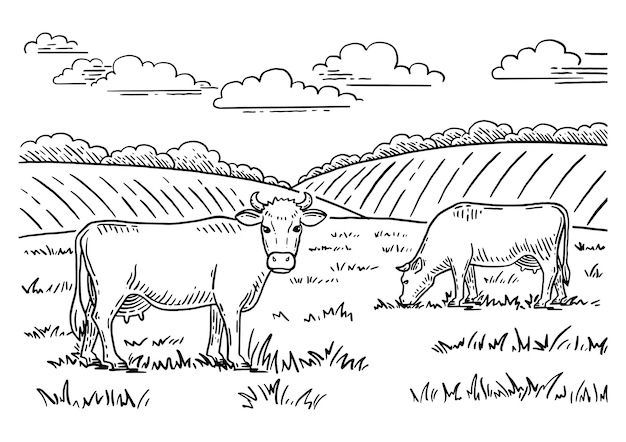 Vecteur livre de coloriage paysage rural les vaches paissent dans le pré croquis dessiné à la main style vintage