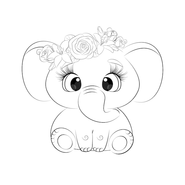 Livre De Coloriage Petit éléphant Avec Des Fleurs Sur Sa Tête Illustration Vectorielle Pour Les Enfants