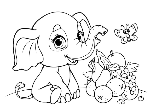 Vecteur livre de coloriage petit enfant bébé éléphant et fruits contour noir et blanc zoo animaux d'afrique