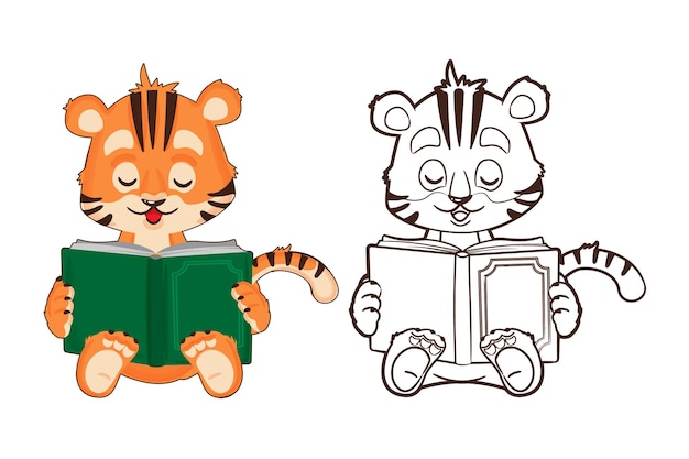 Livre De Coloriage : Le Petit Tigre Tient Un Livre à La Main. Vecteur, Illustration En Style Cartoon, Lineart Noir Et Blanc