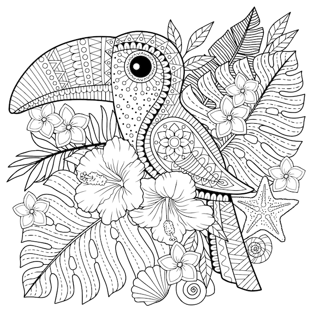 Vecteur livre de coloriage pour adultes. toucan parmi les feuilles et les fleurs tropicales. coloriage pour se détendre et se ressourcer