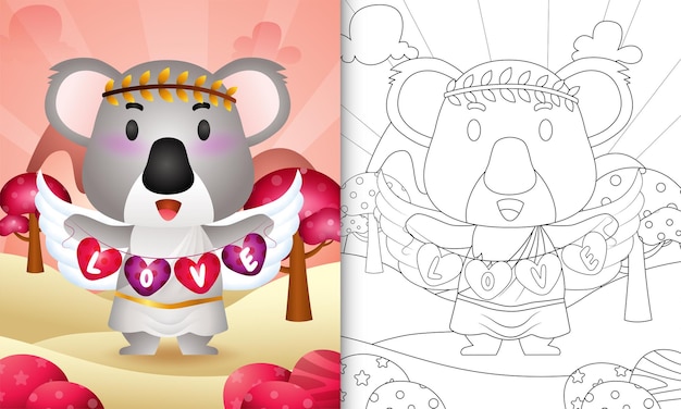 Livre De Coloriage Pour Les Enfants Avec Un Ange Koala Mignon Utilisant Un Costume De Cupidon Tenant Un Drapeau En Forme De Coeur