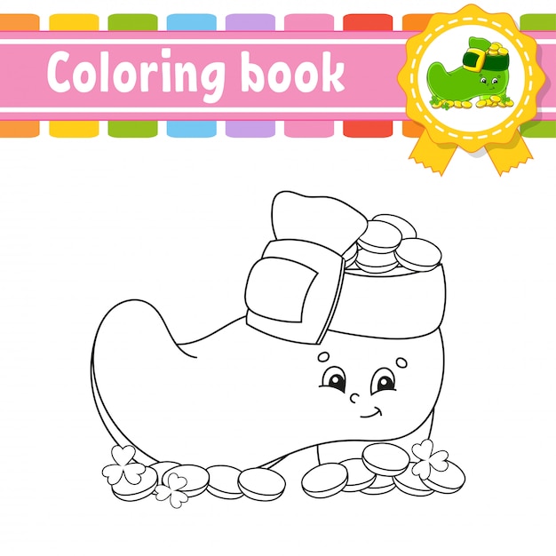 Livre De Coloriage Pour Les Enfants. Botte De Lutin Avec Des Pièces. Caractère Gai.