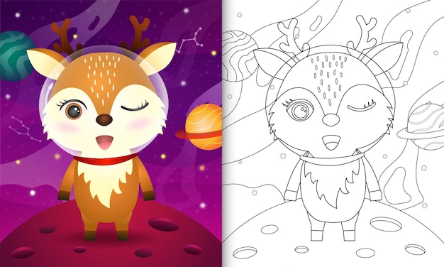 Livre De Coloriage Pour Des Enfants Avec Un Cerf Mignon Dans La Galaxie De L'espace