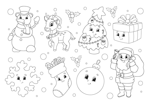 Livre De Coloriage Pour Les Enfants Clipart D'hiver Personnages Gais Style De Dessin Animé Mignon Silhouette De Contour Noir