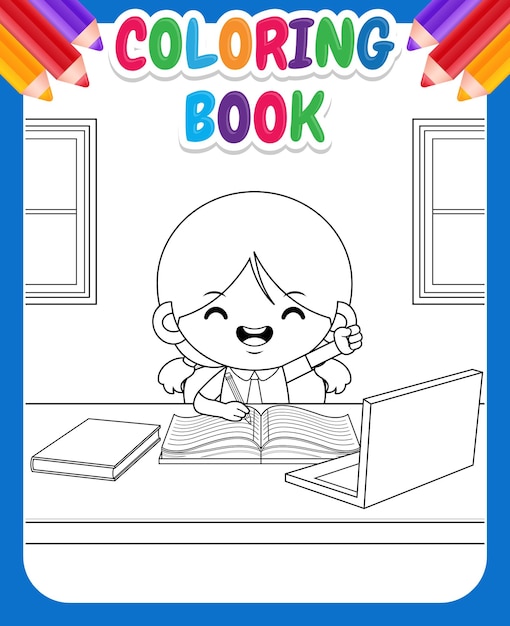 Vecteur livre de coloriage pour les enfants cute happy girl happy studying in class