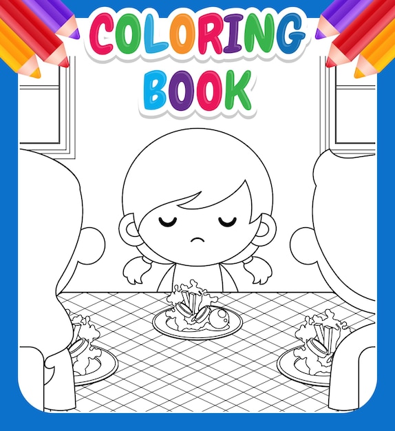 Vecteur livre de coloriage pour les enfants. dessin animé mignon petite fille ne veut pas manger de légumes et ses parents essaie de la persuader