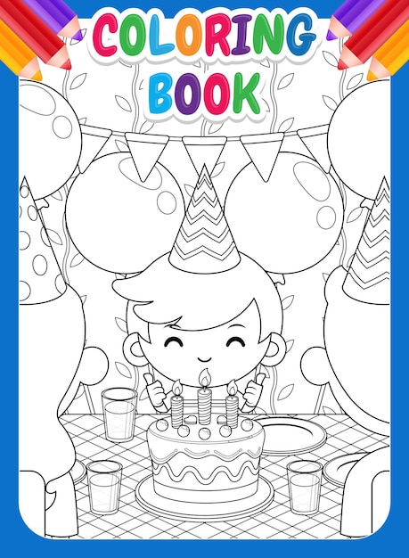 Vecteur livre de coloriage pour les enfants. famille heureuse célébrant l'anniversaire d'un garçon mignon