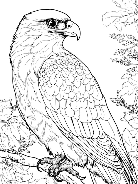 Livre de coloriage pour enfants faucon d'oiseau sauvage sur une branche habitat naturel des oiseaux vecteur génératif ai