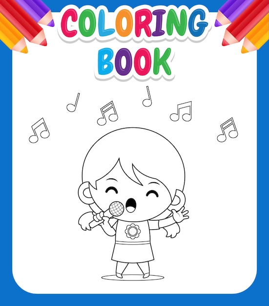 Vecteur livre de coloriage pour les enfants fille chanteuse expressive avec microphone à la main