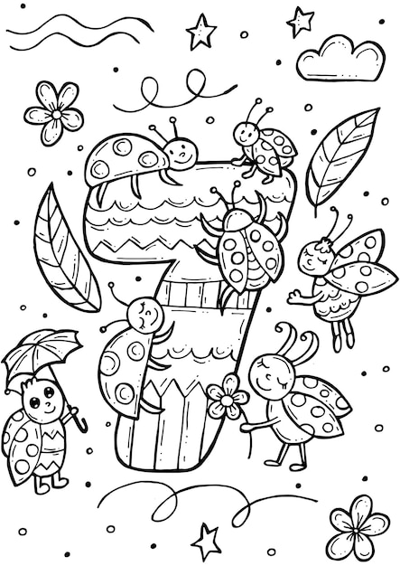 Livre De Coloriage Pour Enfants. Illustration Vectorielle De Doodle Dessinés à La Main Avec Des Nombres Et Des Animaux. Sept Coccinelles.