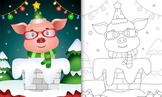 Livre De Coloriage Pour Les Enfants Avec Un Joli Cochon à L'aide D'un Bonnet De Noel Et D'un Foulard Dans La Cheminée