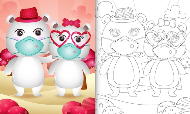 Livre De Coloriage Pour Les Enfants Avec Un Joli Couple D'ours Polaires De La Saint-valentin Utilisant Un Masque Protecteur