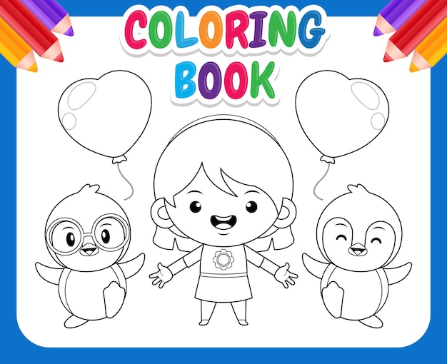 Livre De Coloriage Pour Les Enfants. Jolie Fille Et Pingouins