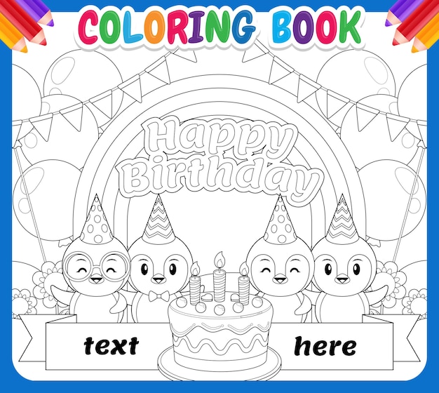 Livre De Coloriage Pour Les Enfants. Joyeux Anniversaire De Pingouin Sur Rainbow Sky Garden