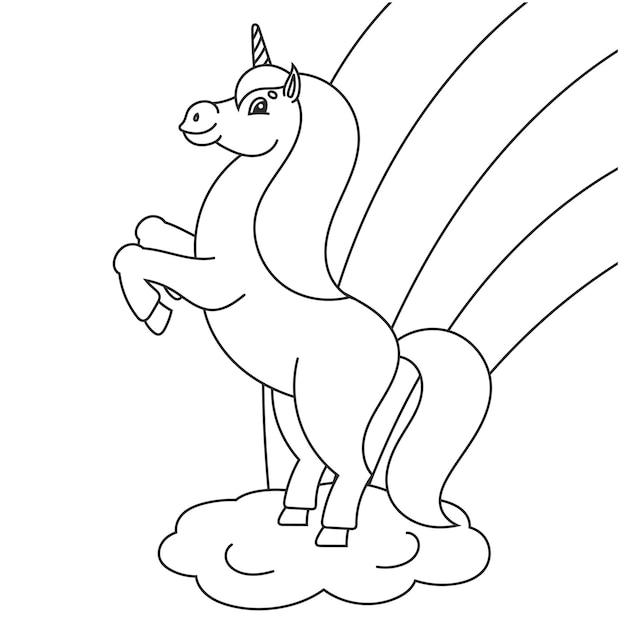 Livre de coloriage pour les enfants La licorne magique dressée Le cheval animal se dresse sur ses pattes postérieures Style dessin animé