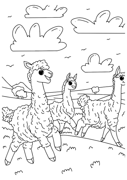 Livre de coloriage pour enfants page 3 ilama jouant dans l'illustration de champ