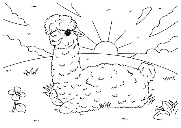 Livre de coloriage pour enfants page 7 ilama au coucher du soleil nature