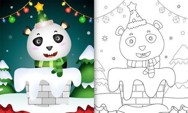 Livre De Coloriage Pour Les Enfants Avec Un Panda Mignon Utilisant Un Bonnet De Noel Et Une écharpe Dans La Cheminée