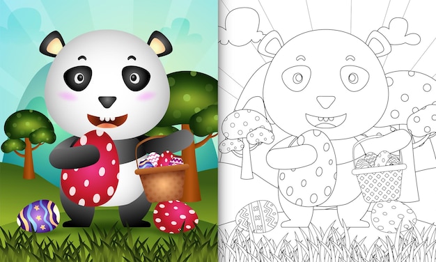 Livre De Coloriage Pour Les Enfants Sur Le Thème De Joyeuses Fêtes De Pâques Avec Un Panda Mignon Tenant L'oeuf De Seau Et L'oeuf De Pâques