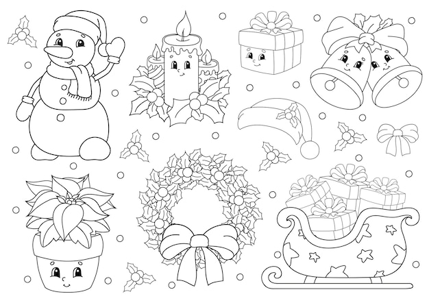 Livre De Coloriage Pour Les Enfants. Thème De Joyeux Noël. Personnages Joyeux.