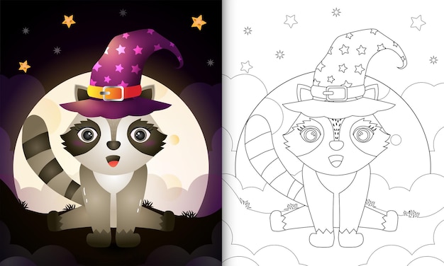 Livre De Coloriage Avec Un Raton Laveur De Sorcière D'halloween De Dessin Animé Mignon Devant La Lune