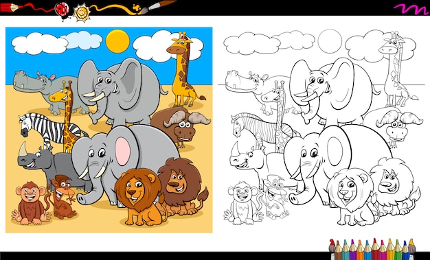 Vecteur livre de coloriage safari animal characters group