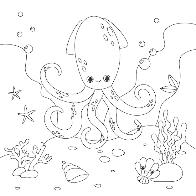 Livre à Colorier Anti-stress Pour Enfants Avec Des Calamars, Des Fonds Marins, Des Algues, De La Vie Sous-marine Et Des Animaux Marins