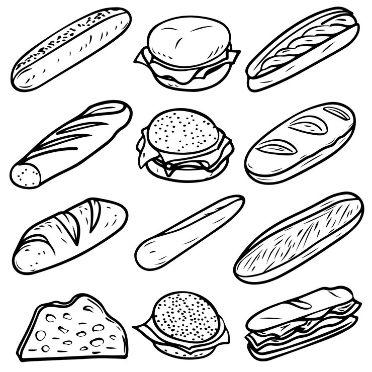 Vecteur livre à colorier enfants de baguettes dessinées à la main nourriture pour un livre à colorier pour enfants