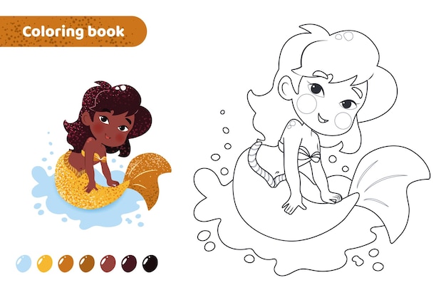 Vecteur livre à colorier pour enfants feuille de travail pour dessiner avec une sirène de dessin animé cute créature magique avec queue