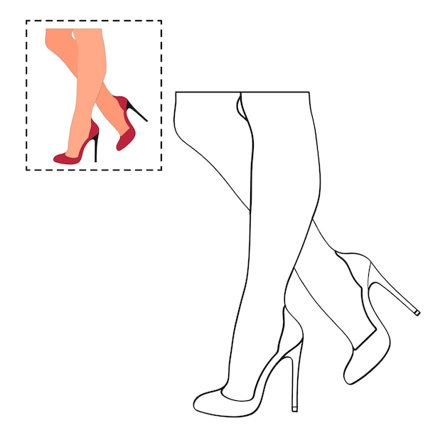 Vecteur livre à colorier pour enfants pour filles jambes féminines dans une pose chaussures à talons hauts