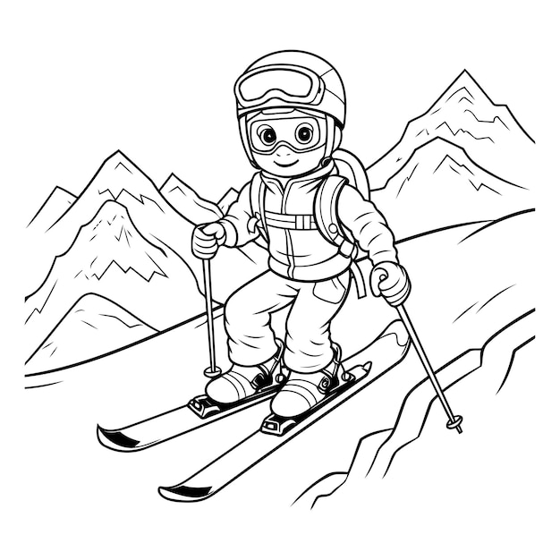 Vecteur livre à colorier pour enfants skieur dans les montagnes illustration vectorielle