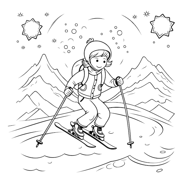 Vecteur livre à colorier pour enfants skieur dans les montagnes illustration vectorielle