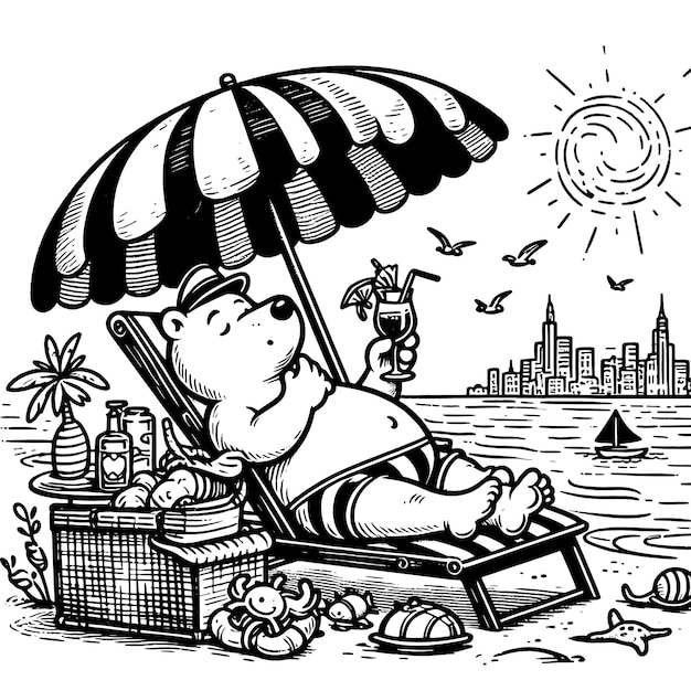 Vecteur livre à colorier pour enfants sur les vacances d'été ours polaires au soleil sur la plage vecteur génératif ai