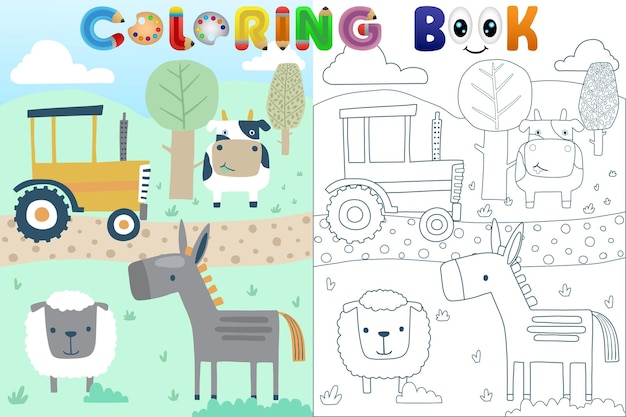 Vecteur livre à colorier vectoriel avec des animaux de ferme de dessins animés dans des terres agricoles