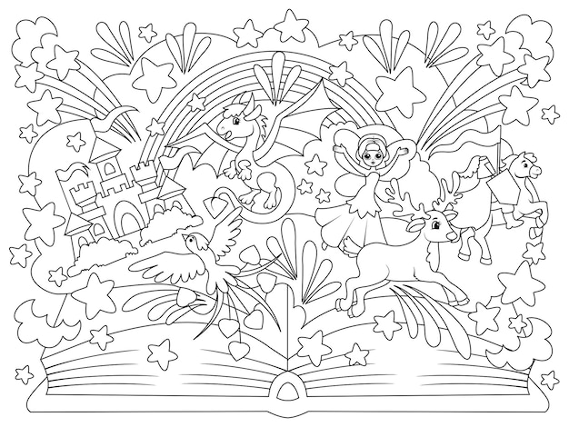 Livre De Contes De Fées Avec Des Personnages De Contes De Fées Page De Livre De Coloriage Animaux Dessin Animé Coloriage Pag