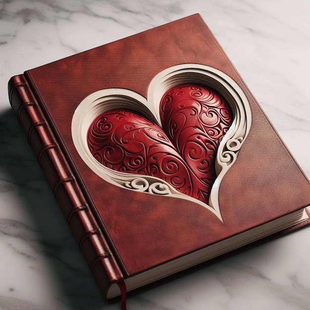 un livre en forme de cœur avec un cœur rouge à l'intérieur