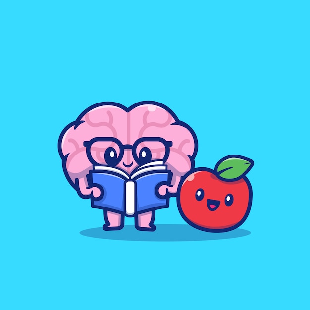 Livre De Lecture De Cerveau Mignon Avec Apple Cartoon Icon Illustration. Concept D'icône De L'éducation Isolé. Style De Dessin Animé Plat