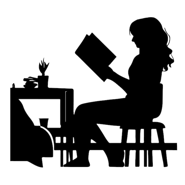 Un Livre De Lecture De Fille Sur La Chaise Assise Devant La Silhouette De Vecteur De Table De Lecture