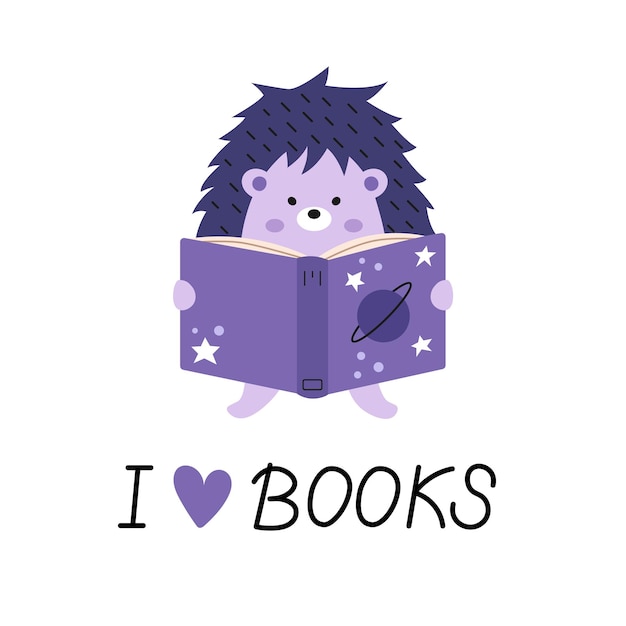 Livre de lecture de hérisson mignon de vecteur Animal avec livre ouvert J'aime le texte des livres Livre avec étoiles et planète
